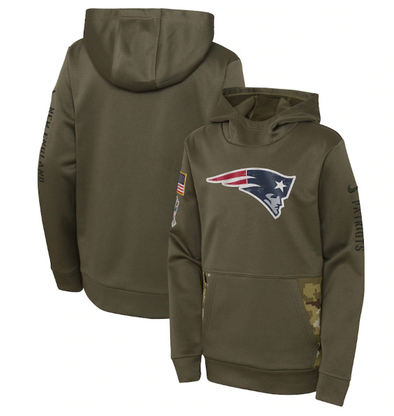 Youth New England Patriots 2022 Olive Salute to Service Therma Performance Pullover Hoodie